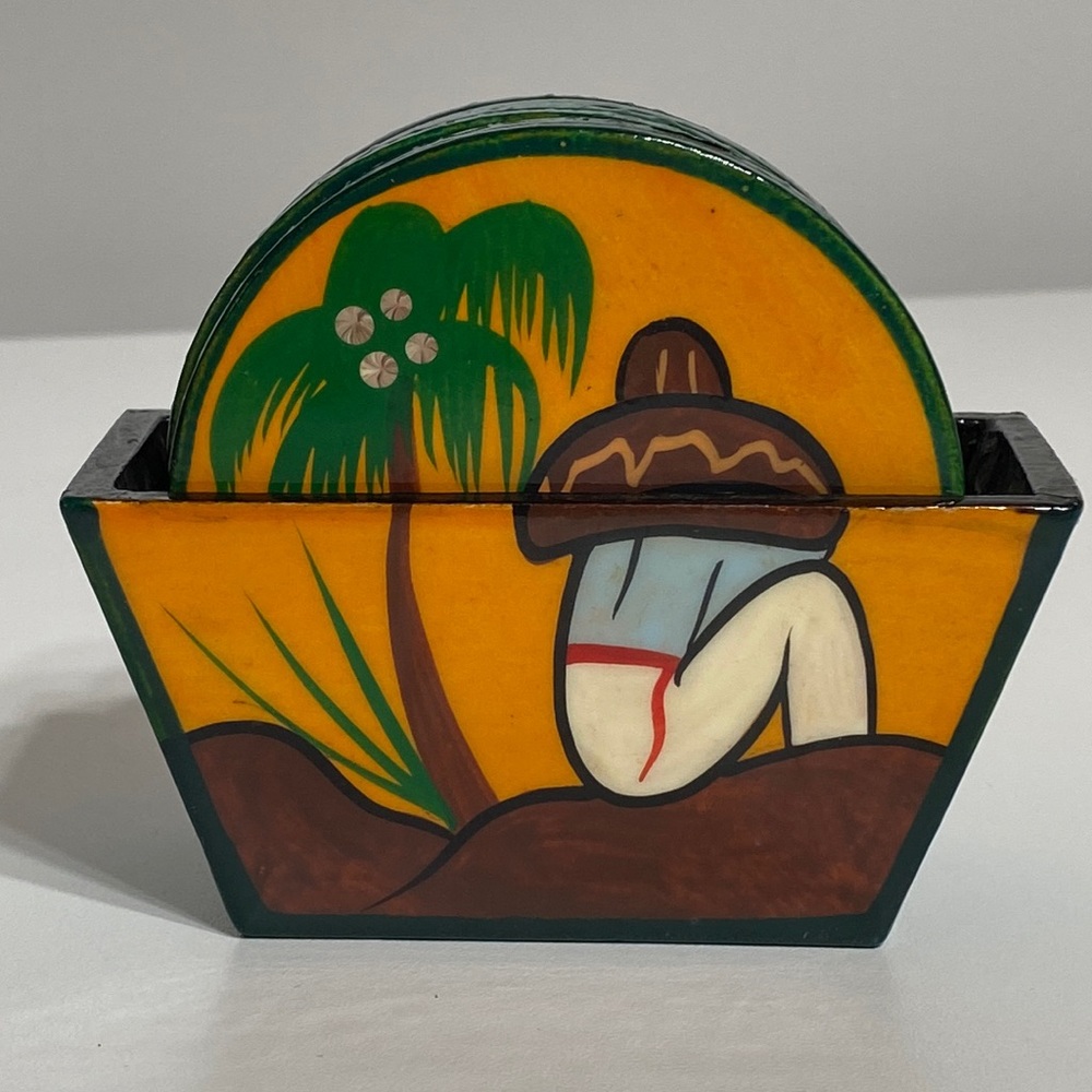 Vintage Hand Painted Folk Art Coasters - Set of 6